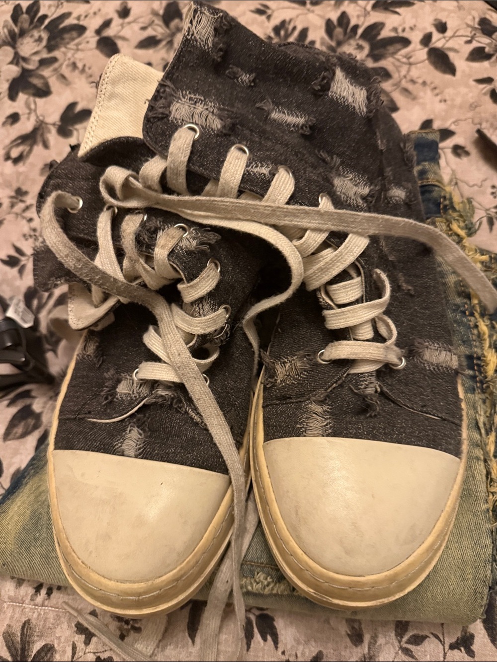 Canvas High-Top Sneakers in Distressed Black with Cream Accents